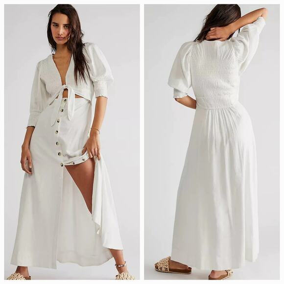 New Free People String Of Hearts Boho Maxi Dress $168 XS White Button Smocked - Picture 1 of 7